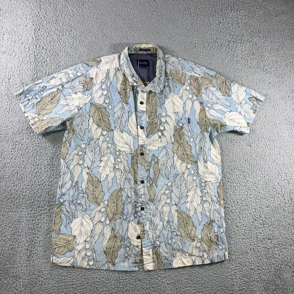 Jack O'Neill Hawaiian Shirt Men XL Coastal Linen Tropical Leaf Print Blue Tan
